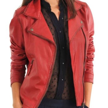 Women's FJ088 Asymmetrical Red Leather Motorcycle Jacket