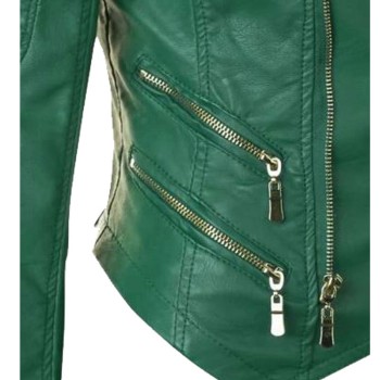 Women's FJ091 Motorcycle Zipper Pockets Green Leather Jacket