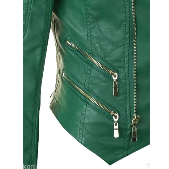 Women's FJ091 Motorcycle Zipper Pockets Green Leather Jacket