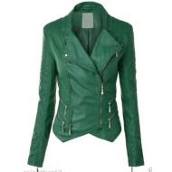 Women's FJ091 Motorcycle Zipper Pockets Green Leather Jacket