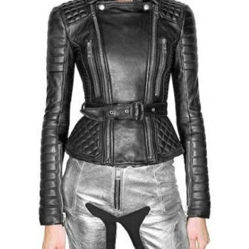 Women's FJ093 Biker Padded Belted Black Leather Jacket