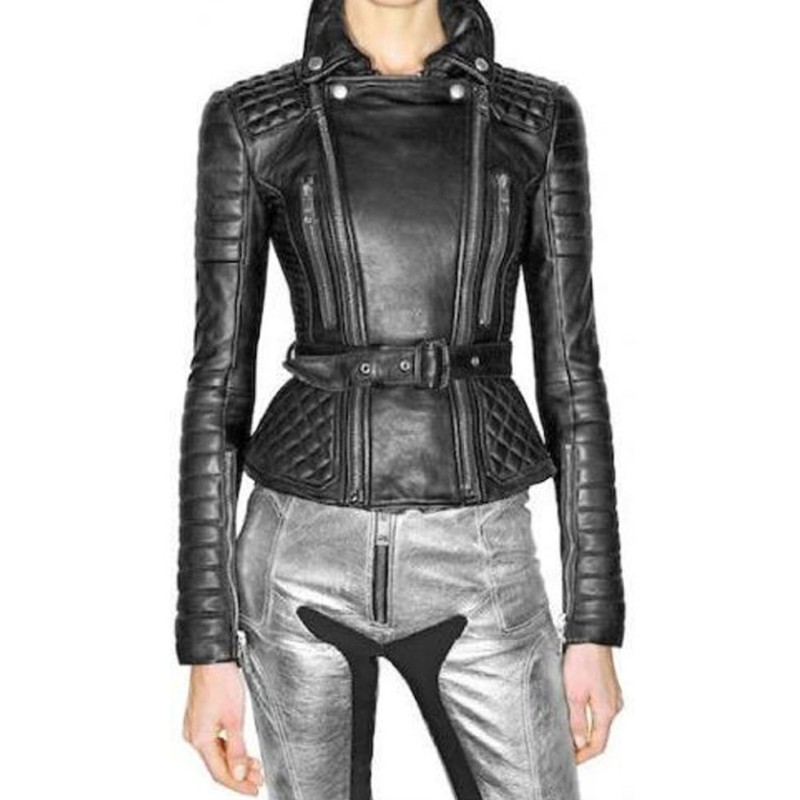 Women's FJ093 Biker Padded Belted Black Leather Jacket Women's FJ093 Biker Padded Belted Black Leather Jacket