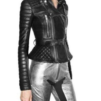 Women's FJ093 Biker Padded Belted Black Leather Jacket