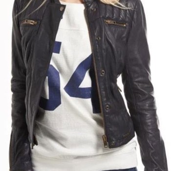 Women's FJ094 Zipper Pockets Cropped Biker Black Leather Jacket
