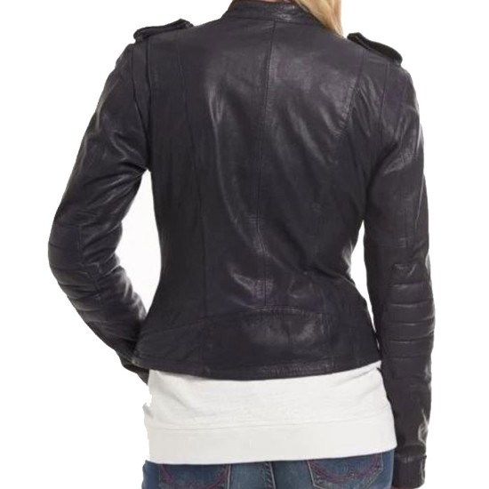 Women's FJ094 Zipper Pockets Cropped Biker Black Leather Jacket
