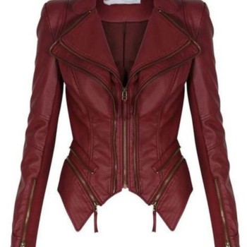 Women's FJ348 Tuxedo Motorcycle Zipper Burgundy Leather Jacket