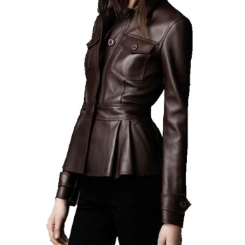 Women's FJ356 Designer Peplum Chocolate Brown Leather Jacket