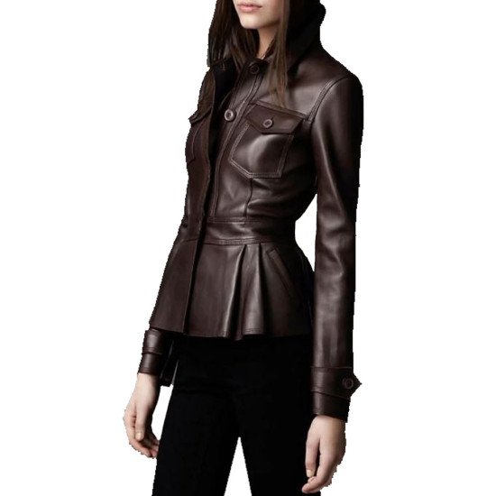 Women's FJ356 Designer Peplum Chocolate Brown Leather Jacket