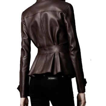 Women's FJ356 Designer Peplum Chocolate Brown Leather Jacket
