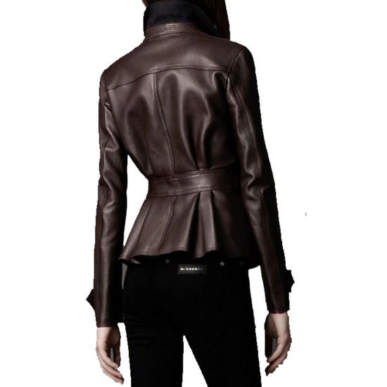 Women's FJ356 Designer Peplum Chocolate Brown Leather Jacket