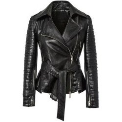Women's FJ358 Belted Asymmetrical Zipper Black Leather Jacket