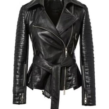 Women's FJ358 Belted Asymmetrical Zipper Black Leather Jacket