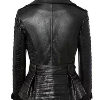 Women's FJ358 Belted Asymmetrical Zipper Black Leather Jacket