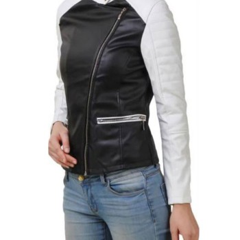 Women's FJ397 Motorcycle White and Black Leather Jacket