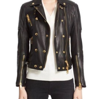 Women's FJ514 Motorcycle Double Breasted Padded Black Leather Jacket