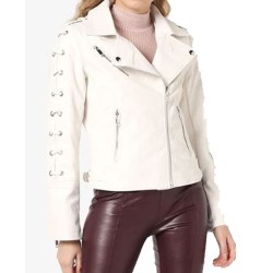 Women's FJ556 Motorcycle Designer Laces White Leather Jacket