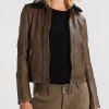 Women's Khaki Leather Fur Collar Jacket Women's Khaki Leather Fur Collar Jacket