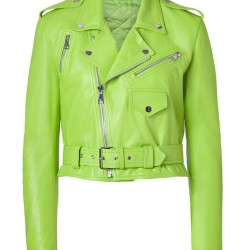 Women's Lime Green Leather Belted Motorcycle Jacket