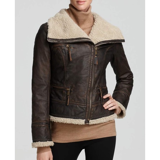Women's Michael Asymmetrical Zipper Shearling Brown Leather Jacket