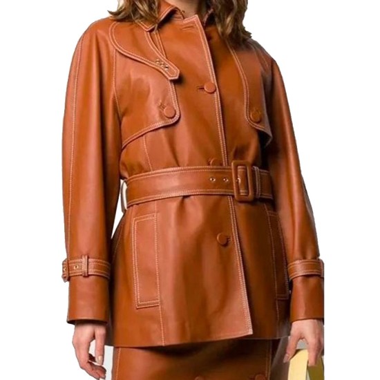 Women’s Belted Mid-Length Leather Brown Coat