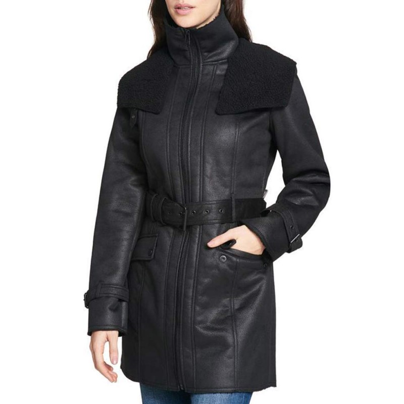Women's Mid Length Duster Shearling Leather Coat Women's Mid Length Duster Shearling Leather Coat