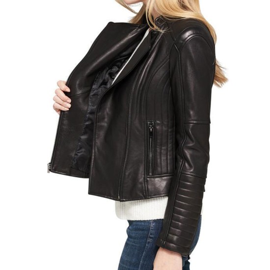Women's Motorcycle Asymmetrical Zipper Shoulder and Sleeves Quilted Leather Jacket