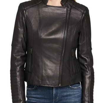 Women's Motorcycle Asymmetrical Zipper Shoulder and Sleeves Quilted Leather Jacket