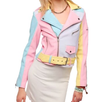 Women's Biker Rainbow Pastel Faux Leather Jacket