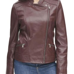 Women's Quilted Design Asymmetrical Burgundy Leather Jacket