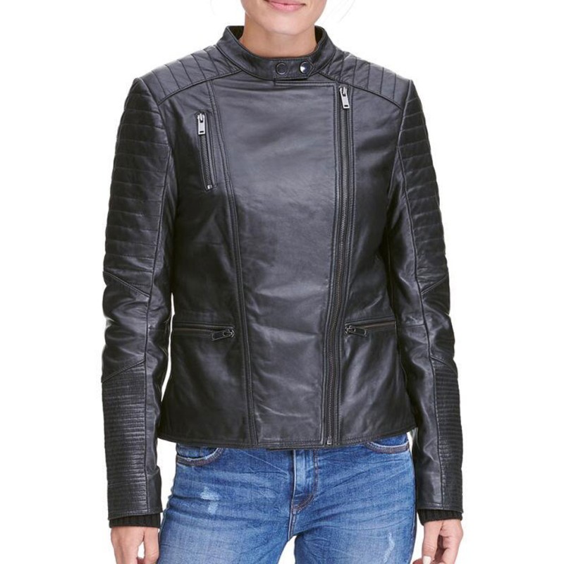 Womens Quilted Design Biker Asymmetrical Black Leather Jacket