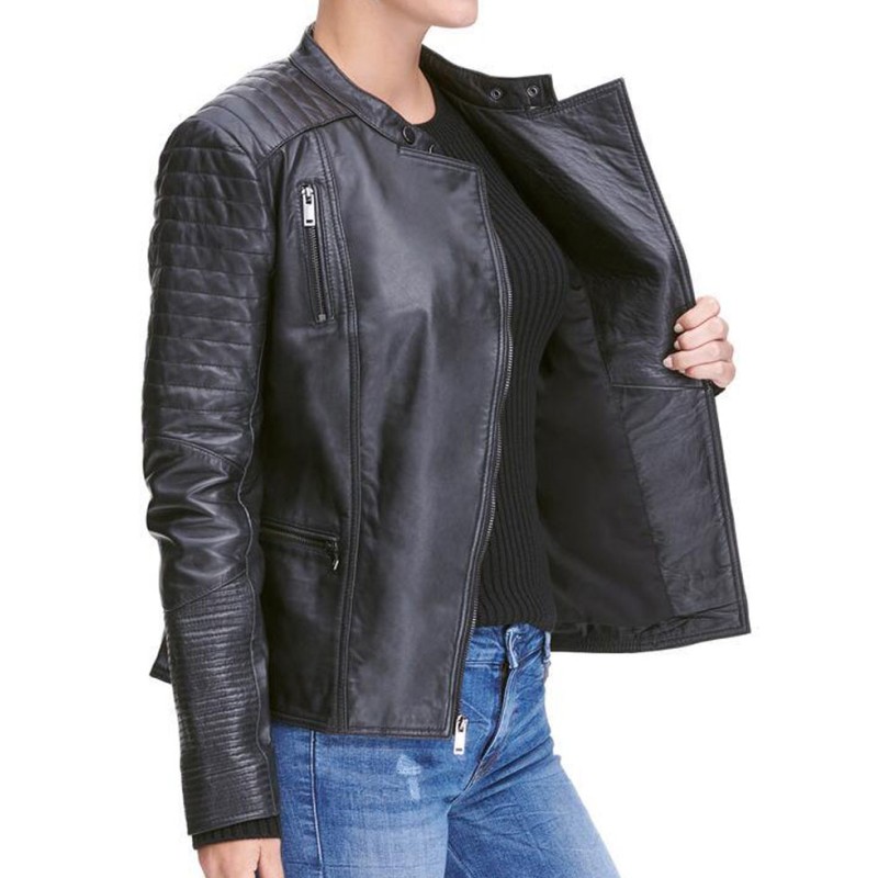 Womens Quilted Design Biker Asymmetrical Black Leather Jacket Womens Quilted Design Biker Asymmetrical Black Leather Jacket