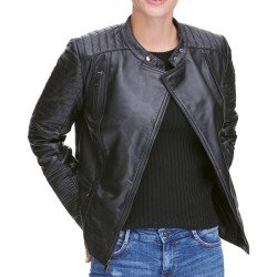 Womens Quilted Design Biker Asymmetrical Black Leather Jacket
