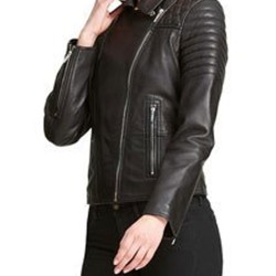 Women's Quilted Shoulder Black Leather Moto Jacket