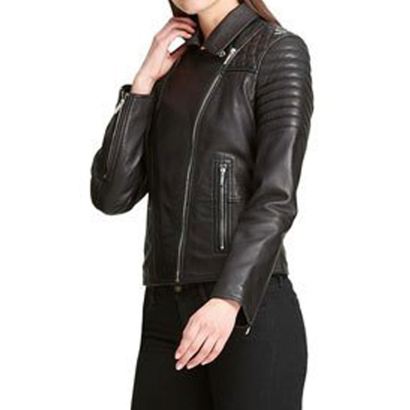Women's Quilted Shoulder Black Leather Moto Jacket Women's Quilted Shoulder Black Leather Moto Jacket