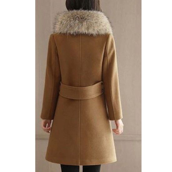 Brown Wool Winter Coat With Fur Collar, Wool Coat With Fur