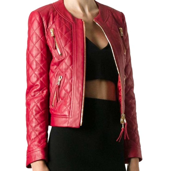 Women's Collarless Diamond Quilted Red Leather Jacket