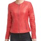 Women's Round Neck Red Leather Jacket