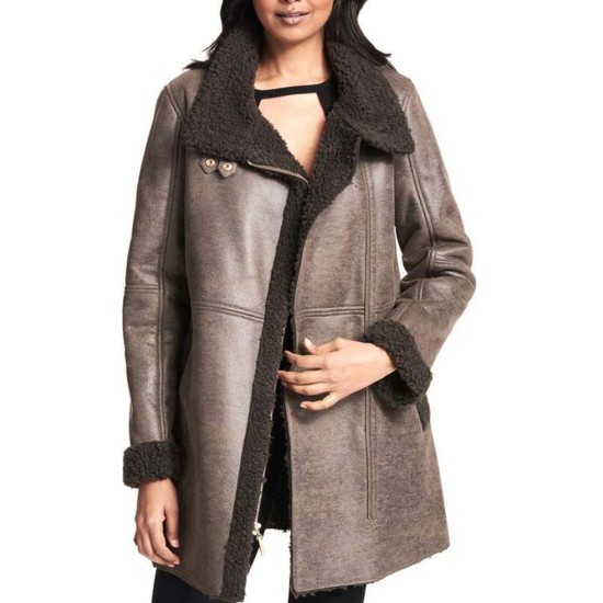 Women's Shearling Asymmetrical Grey Leather Coat