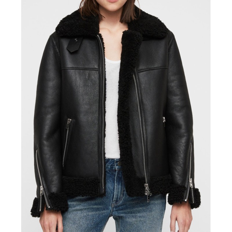 Women's Shearling Bomber Black Leather Jacket Women's Shearling Bomber Black Leather Jacket
