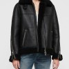Women's Shearling Bomber Black Leather Jacket