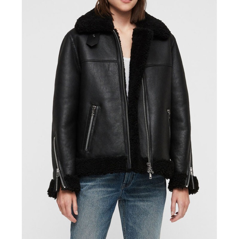 Women's Shearling Bomber Black Leather Jacket