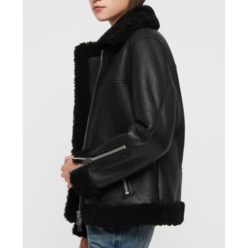 Women's Shearling Bomber Black Leather Jacket Women's Shearling Bomber Black Leather Jacket