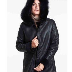 Women's Stylish Shearling Black Leather Jacket With Hoodie