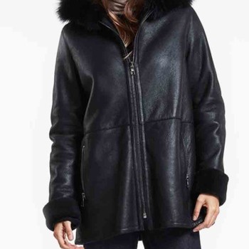 Women's Stylish Shearling Black Leather Jacket With Hoodie