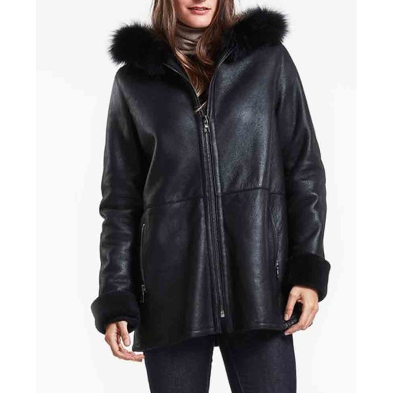 Women's Stylish Shearling Black Leather Jacket With Hoodie Women's Stylish Shearling Black Leather Jacket With Hoodie