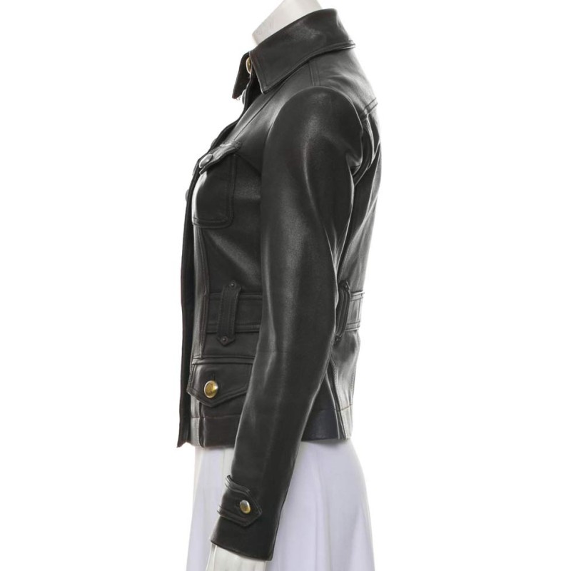 Women's Shirt Collar Style Black Leather Button Up Jacket Women's Shirt Collar Style Black Leather Button Up Jacket