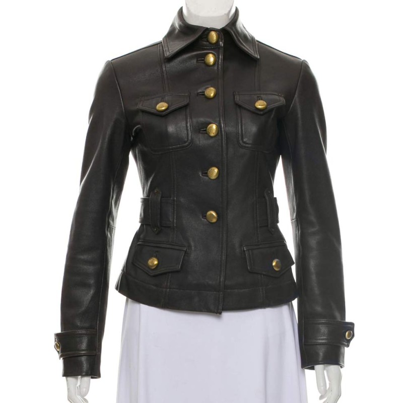 Women's Shirt Collar Style Black Leather Button Up Jacket
