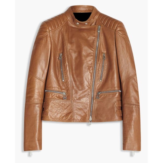 Women's Asymmetrical Zipper Brown Leather Biker Jacket