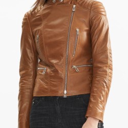 Women's Asymmetrical Zipper Brown Leather Biker Jacket