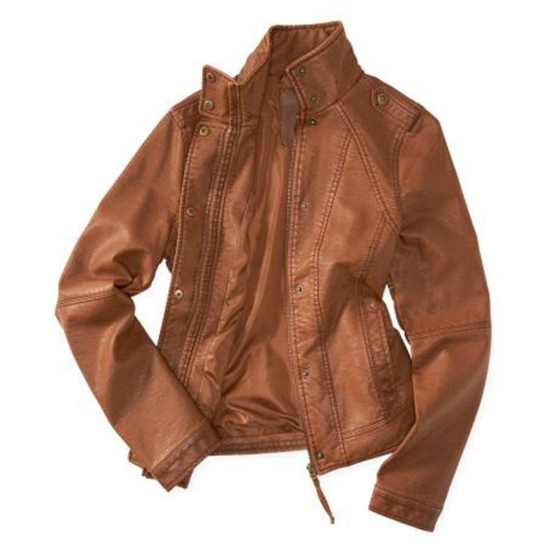 Women's Cognac Faux Leather Tan Brown Stand Collar Jacket Women's Cognac Faux Leather Tan Brown Stand Collar Jacket